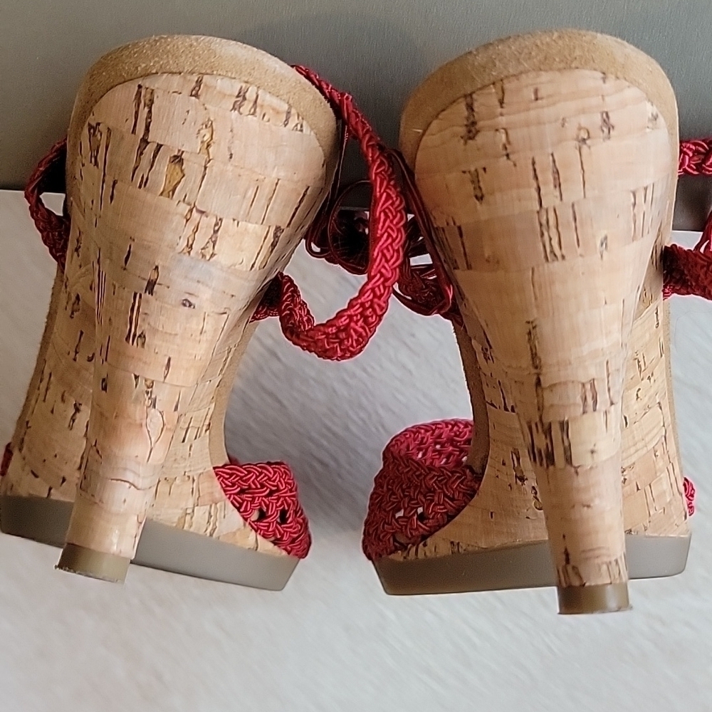 COLE HAAN Lyris Red Macrame Woven Sandal Rope Open Toe Ankle Wrap Cork Heel - Picture 5 of 8